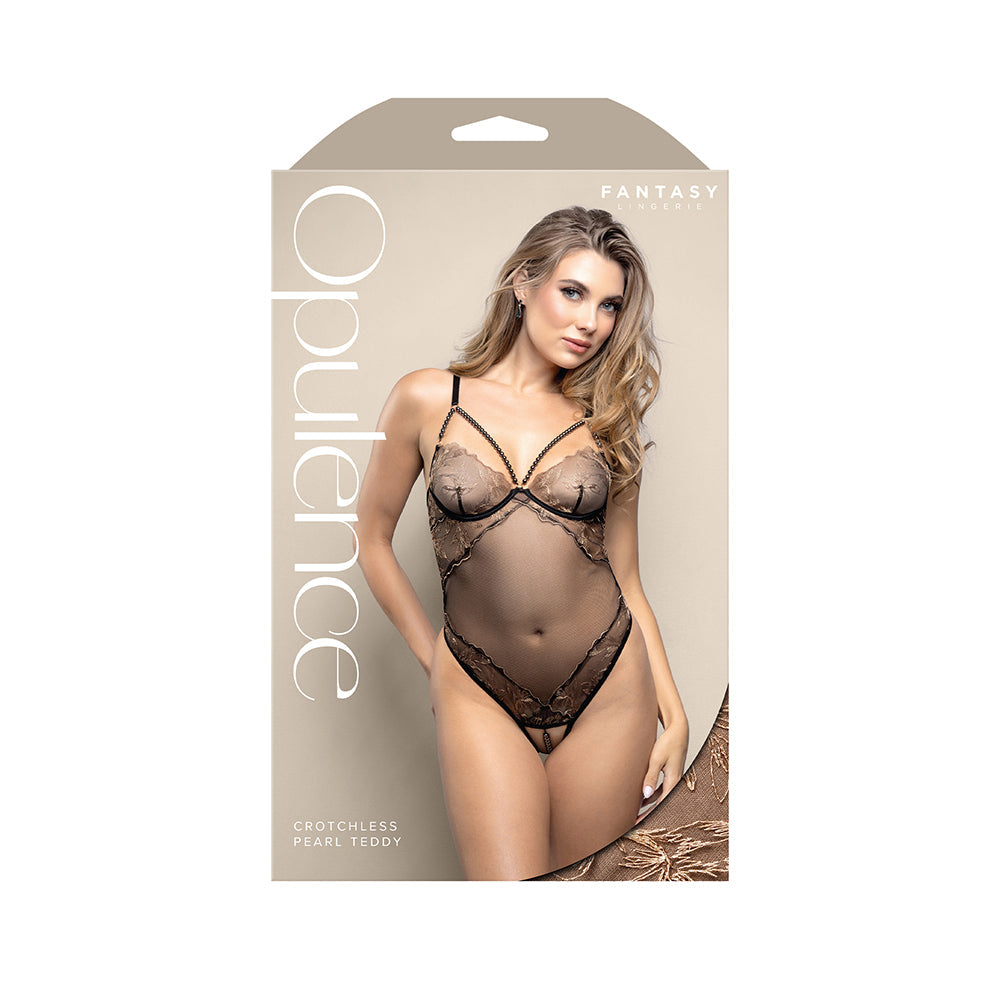 Opulence Crotchless Teddy with Pearl Cage Neckline - L/XL